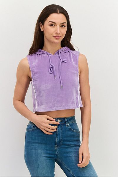 Daisy Street Women Hood With Drawstring Neckline Sleeveless Plain Top, Purple