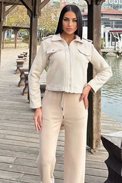 Juuuj Jachetă scurtă cu imprimeu din picior de gală ecru, cu fermoar