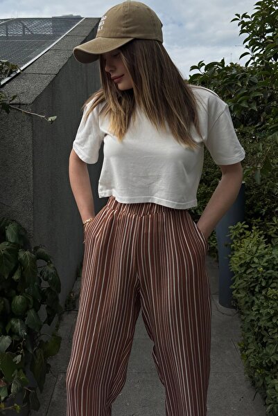 Juuuj Γυναικείο καφέ ριγέ, ελαστική μέση, τσέπες, χαλαρό αθλητικό παντελόνι