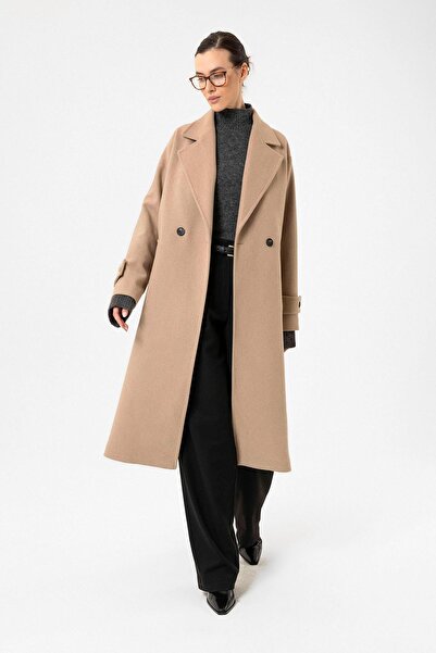 Antioch Beige Women's Soft Textured Oversize Double Breasted Coat