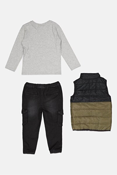 BENCH Kids Boy 3 Piece Brand Logo Puffer Vest And Bottom Set, Olive