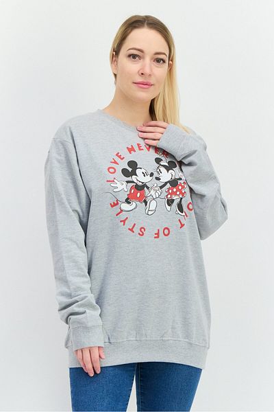 Disney Women Crew Neck Long Sleeves Graphic Print Sweatshirt, Grey