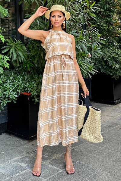 Juuuj Γυναικείο μακρύ φαρδύ φόρεμα σε μπεζ καρό σχέδιο, λαιμόκοψη και αυτοδιακόσμητη ζώνη