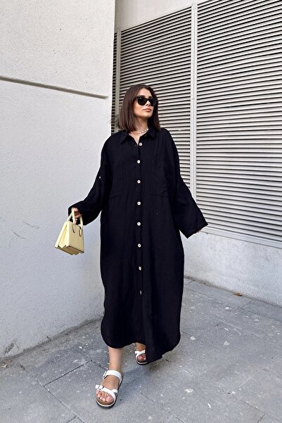NEW LAVİVA Kadın Siyah Muslin Kumaş, Yarasa Kol, Eteği Oval, Çift Cepli, Uzun Oversize Salaş Gömlek Elbise