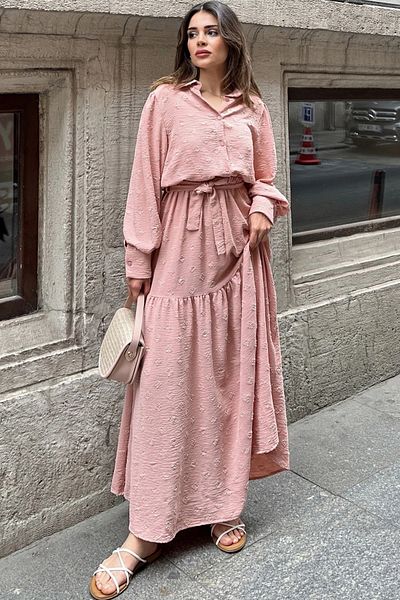 NEW LAVİVA Țesătură cu textura pudra pentru femei, cu centură în talie, mânecă cu balon, linie A, rochie maxi vintage - potrivită pentru hijab