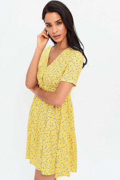 NEW LAVİVA Rochie de damă, galbenă, cu decolteu în V, cu talie, cu șireturi, cu volan, în linie A, cu jumătate de mânecă, cu model, mini rochie scurtă casual