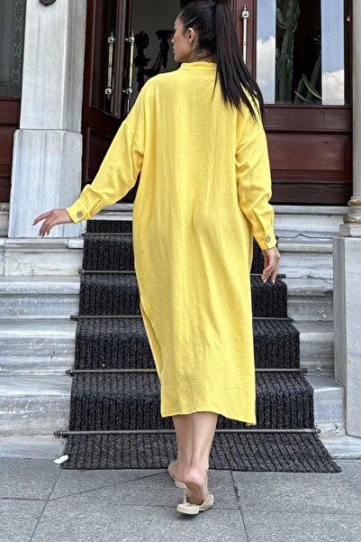 Juuuj Women's Yellow Oversize, Relaxed Fit, Pocketed, Long Muslin Dress
