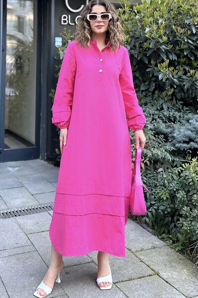 Juuuj Γυναικείο φούξια φόρεμα με γιακά δικαστή, ελαστικά μανίκια με φούσκα, υφασμάτινη ραφή στη φούστα και τα μανίκια, μακρύ φαρδύ φόρεμα