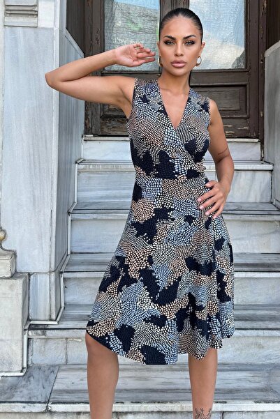 Juuuj Γυναικείο φόρεμα με μπλε ναυτικό σχέδιο, χαμηλό κολάρο με διπλό στήθος,...