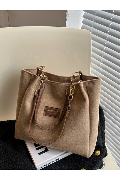 Choice حقيبة توت أنيقة كبيرة الحجم من جلد الغزال باللون الكاكي للسيدات مع حقيبة كتف واحدة