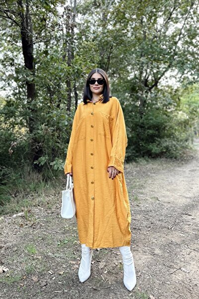 Juuuj Women's Mustard Bat Sleeve, Back Pleated, Double Pocket, Long Oversize Loose Shirt Dress