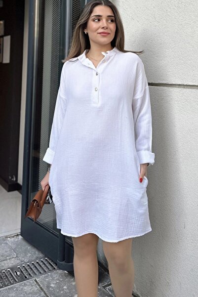 Juuuj Γυναικείο λευκό φόρεμα με γιακά δικαστή, φαρδύ μανίκια, μίντι και υπερμ...