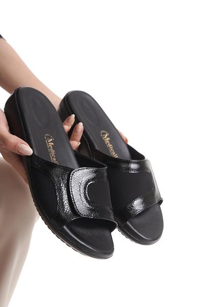 ALPELLİ ByAlp Orthopedic Leather Sole Daily Black Slippers with Heel Spur and Bone Protrusion Support