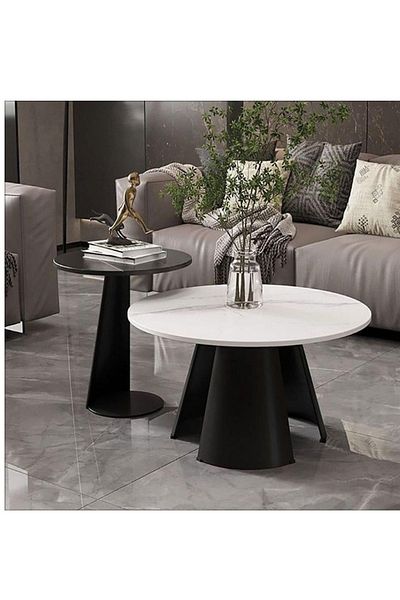 Generic 2 Piece Marble Wood and Iron Coffee Table Set - Black and White