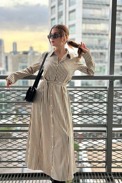 NEW LAVİVA Women's Mustard & Ecru Striped Long Sleeve, Comfortable Waist Belt, Pocket, Linen, Maxi Shirt Dress