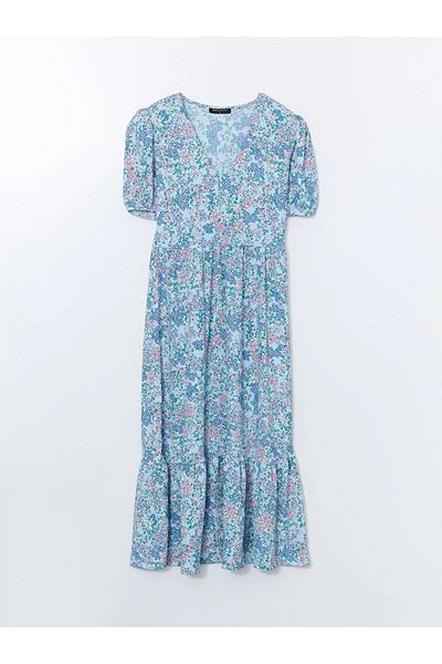LC Waikiki Rochie de damă LCW Comfort turcoaz cu decolteu în V cu flori