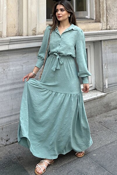 Juuuj Țesătură texturată mentă pentru femei, cu centură în talie, mâneci bufa...