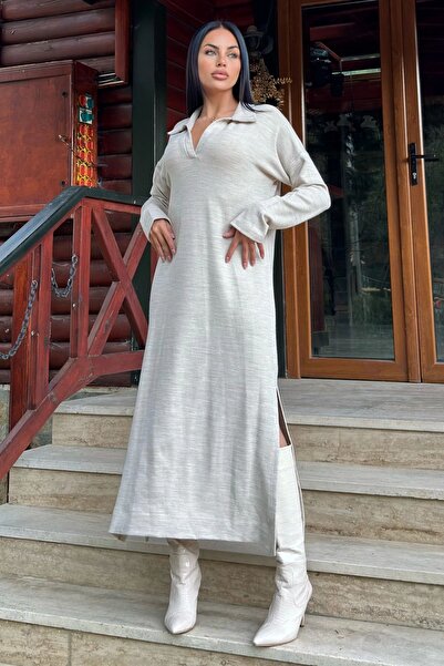 Juuuj Μπεζ πόλο λαιμόκοψη, μακρυμάνικο, με σχισμή, χαλαρό, ακρυλικό πλεκτό μα...