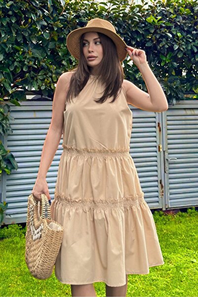 Juuuj Femei bej fără mâneci, decolteu cu șarmuire, model de culoare uni, croi...