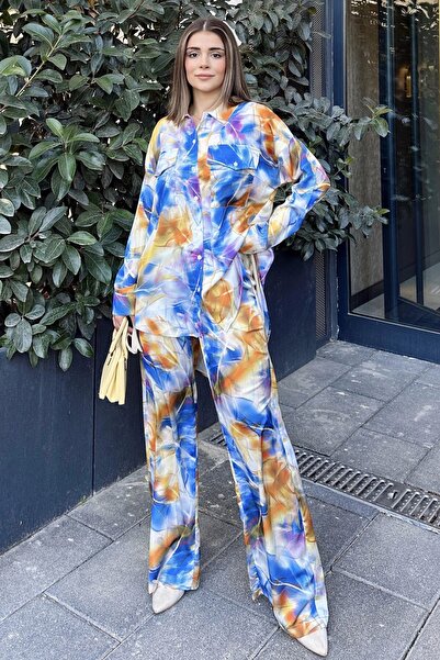 Juuuj Γυναικεία Saks & κίτρινο πουκάμισο με διπλή τσέπη & φαρδύ παντελόνι - φ...