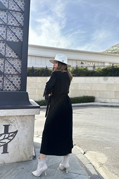 Juuuj Жіноча чорна сукня з кружевим коміром, розрізом, поясом на талії, еластичними манжетами, вільного крою, довга