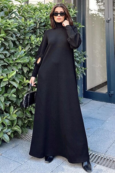 Juuuj Kadın Siyah Boğazlı, Uzun Kolları Manşet Ve Pencere Detaylı, A Kesim, Salaş, Uzun Elbise