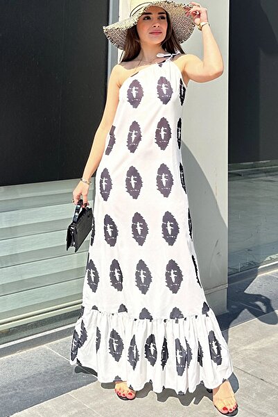 Juuuj Γυναικείο εκρού μονό λεπτό λουράκι ώμου, εφαρμοστό κόψιμο, φούστα με βολάν μακριά Mos κρεπ φόρεμα