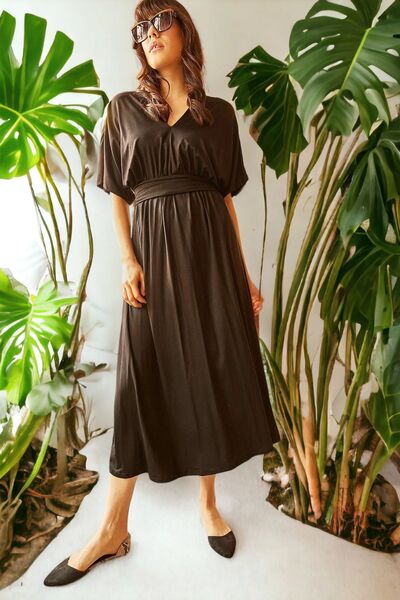 Juuuj Γυναικεία μαύρη υπερμεγέθη κομμένη κοντομάνικη ζώνη με λεπτομέρεια μάξι, μακρύ άνετο και casual φόρεμα