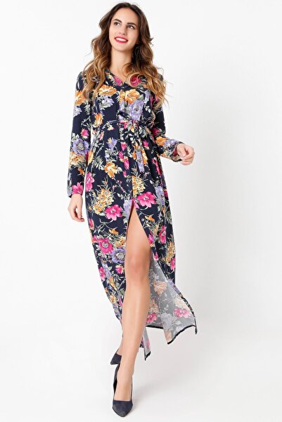 Juuuj Γυναικείο φόρεμα με μπλέ μπλέ μοτίβο με λουλούδια μακρύ πουκάμισο - Μακρυμάνικη λεπτομέρεια ζώνης μέσης Κατάλληλο για Τουρκική Ρόμπα