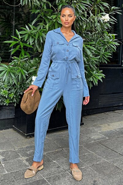 Juuuj Cămașă cu mânecă lungă Indigo pentru damă, cu buzunar, cu centură, salopetă Airobin Safari