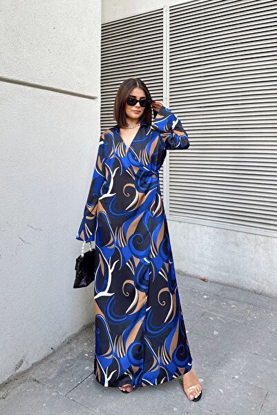 Juuuj Жіноча сукня Saks & Чорна круазе, деталі з ґудзиками, розріз, пояс на талії, широкі манжети, вільний крій, довга сукня