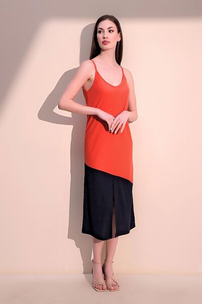 Juuuj Women's Coral & Black Comfortable Asymmetrical Block Slit Strap Long Dress