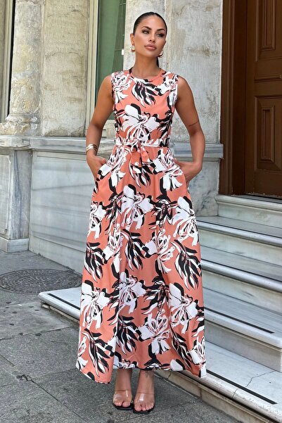 Juuuj Γυναικείο μακρύ φόρεμα με σχέδιο λουλουδιών σομόν, με ζώνη στη μέση, κο...