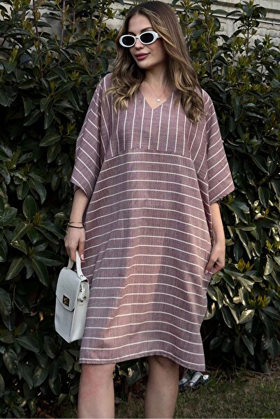 Juuuj Γυναικείο λινό μπορντό ριγέ, μισό μανίκι, λαιμόκοψη V, τσέπες, φαρδύ μί...