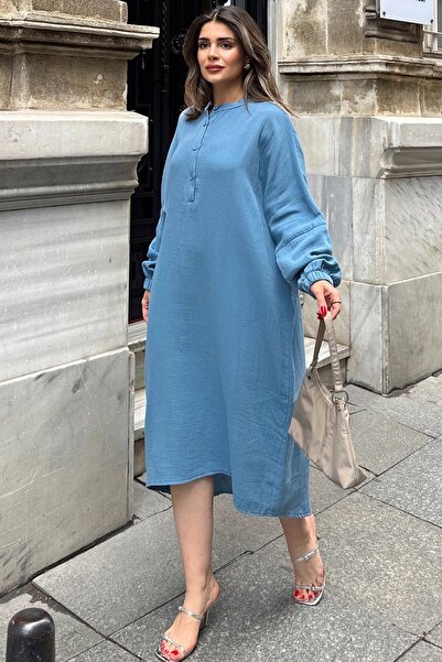 Juuuj Mânecă balon albastră pentru femei, guler înalt, bumbac anti-transpirație, țesătură muselină importată, rochie lungă și lejeră