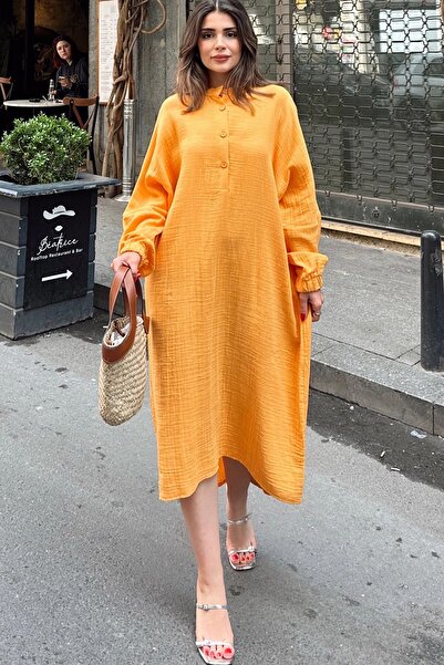Juuuj Women's Mustard Balloon Sleeve, Judge Collar, Anti-Sweat Cotton, Imported Muslin Fabric, Long Loose Dress