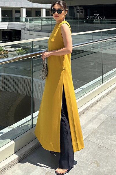 Juuuj Women's Mustard Sleeveless, Round Neck, Deep Slit, A-Line Lycra Tunic Dress