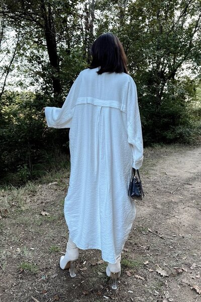 Juuuj Γυναικείο εκρού νυχτερίδα μανίκι, πιέτα στην πλάτη, διπλές τσέπες, μακρύ oversize φαρδύ πουκάμισο