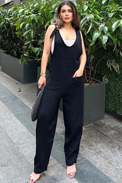 Juuuj Kadın Siyah Bağlamalı Omuz Detayı, Terletmez, Pamuklu, İthal Müslin Kumaş, Askılı Salaş Tulum