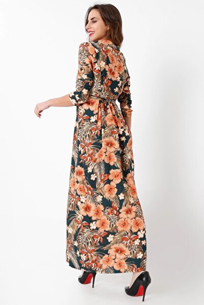 Juuuj Women's Khaki & Orange Floral Long Shirt Dress with Pattern - Long Sleeve Waist Belt Detail Suitable for Hijab