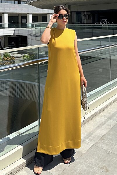 Juuuj Women's Mustard Sleeveless, Round Neck, Deep Slit, A-Line Lycra Tunic Dress