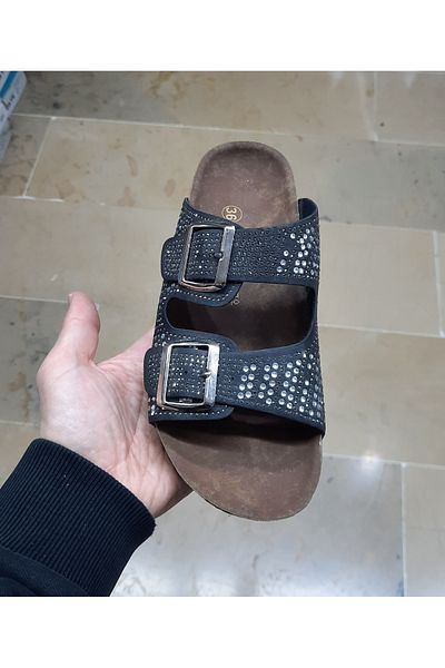 JADE Papuci ortopedici pentru femei, cu cataramă cu bandă dublă, cu talpă din plută, cu detalii de piatră