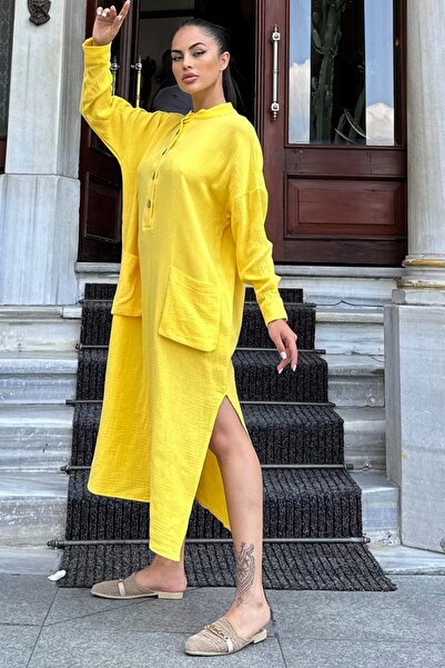 Juuuj Women's Yellow Oversize, Relaxed Fit, Pocketed, Long Muslin Dress
