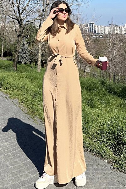 Juuuj Kadın Bej Kupra Kumaş, Uzun Kol, Beli Kuşaklı, Vucüda Oturan Kalıp, Uzun Gömlek Elbise