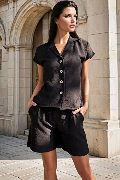 Juuuj Guler cămașă neagră, cămașă detaliată cu nasturi din lemn și set de pan...