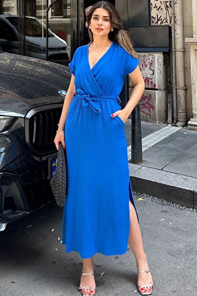 Juuuj Saks Kruvaze Yaka, з розрізом, з поясом на талії, не ковзає, бавовняна, імпортна муслінова тканина, довга сукня