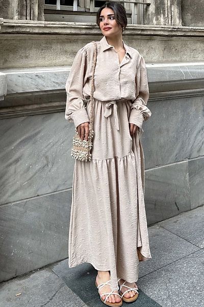 NEW LAVİVA Țesătură texturată bej pentru femei, cu centură în talie, mânecă cu balon, linie A, rochie maxi vintage - potrivită pentru hijab