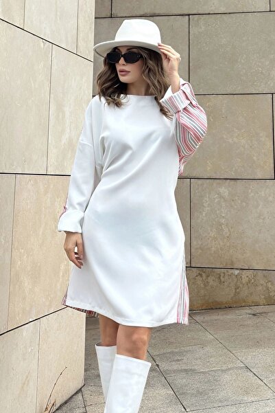 Juuuj Γυναικείο ροζ & εκρού μανίκι διπλωμένο, ζώνη μέσης, στρογγυλή λαιμόκοψη, φαρδύ φόρεμα