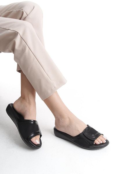 ALPELLİ ByAlp Orthopedic Leather Sole Daily Black Slippers with Heel Spur and Bone Protrusion Support
