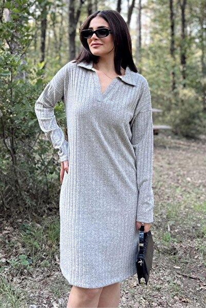 Juuuj Rochie de tricot midi, cu mâneci lungi, guler polo, cu model, pentru femei